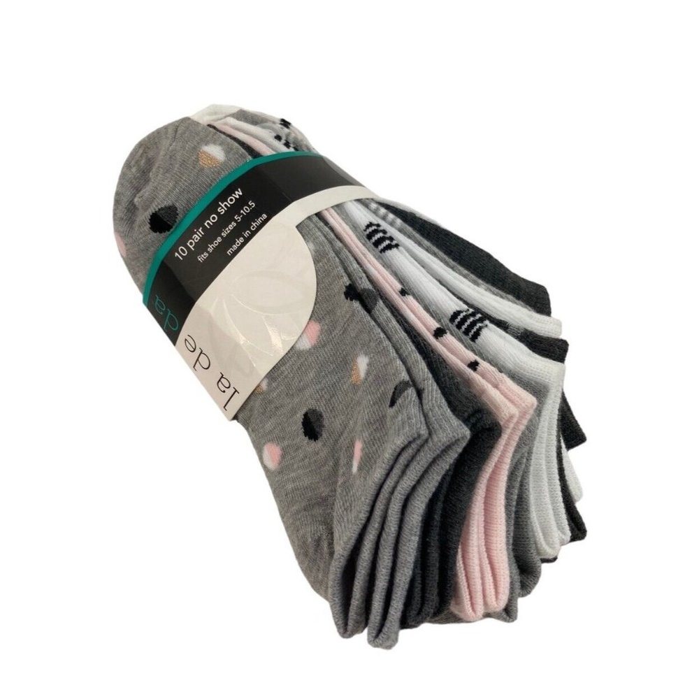 *New La De Da 10 Pair No Show Socks Women Sz 5-10.5 Gray Pink White Print Solid